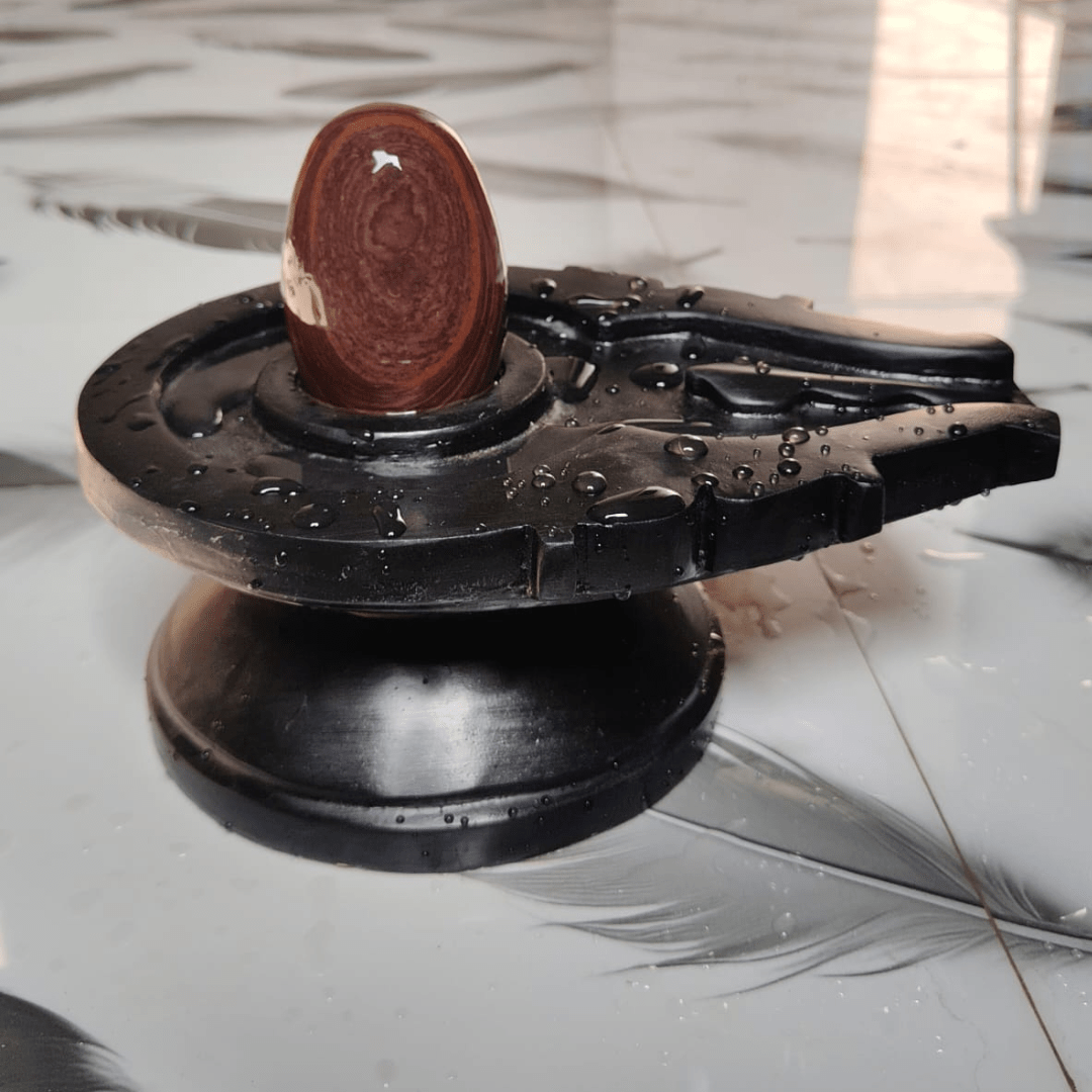 5” Designer Ring Pattern Narmadeshwar Shivling with 10” Premium Black Jaladhari Base – Natural Brown Stone Finish