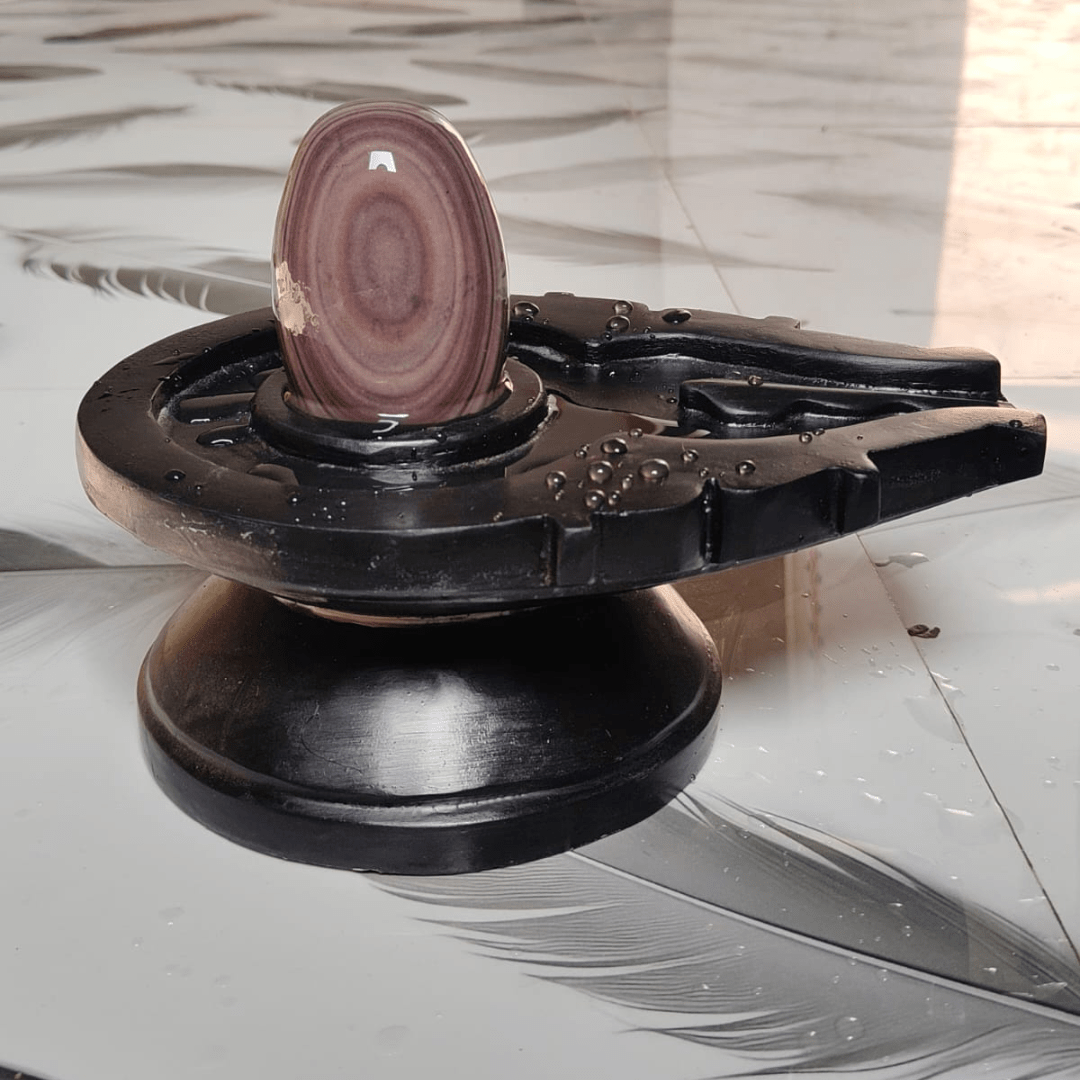 5” Designer Purple Narmadeshwar Shivling with Natural Circular Stone Pattern & 10” Black Jaladhari Base