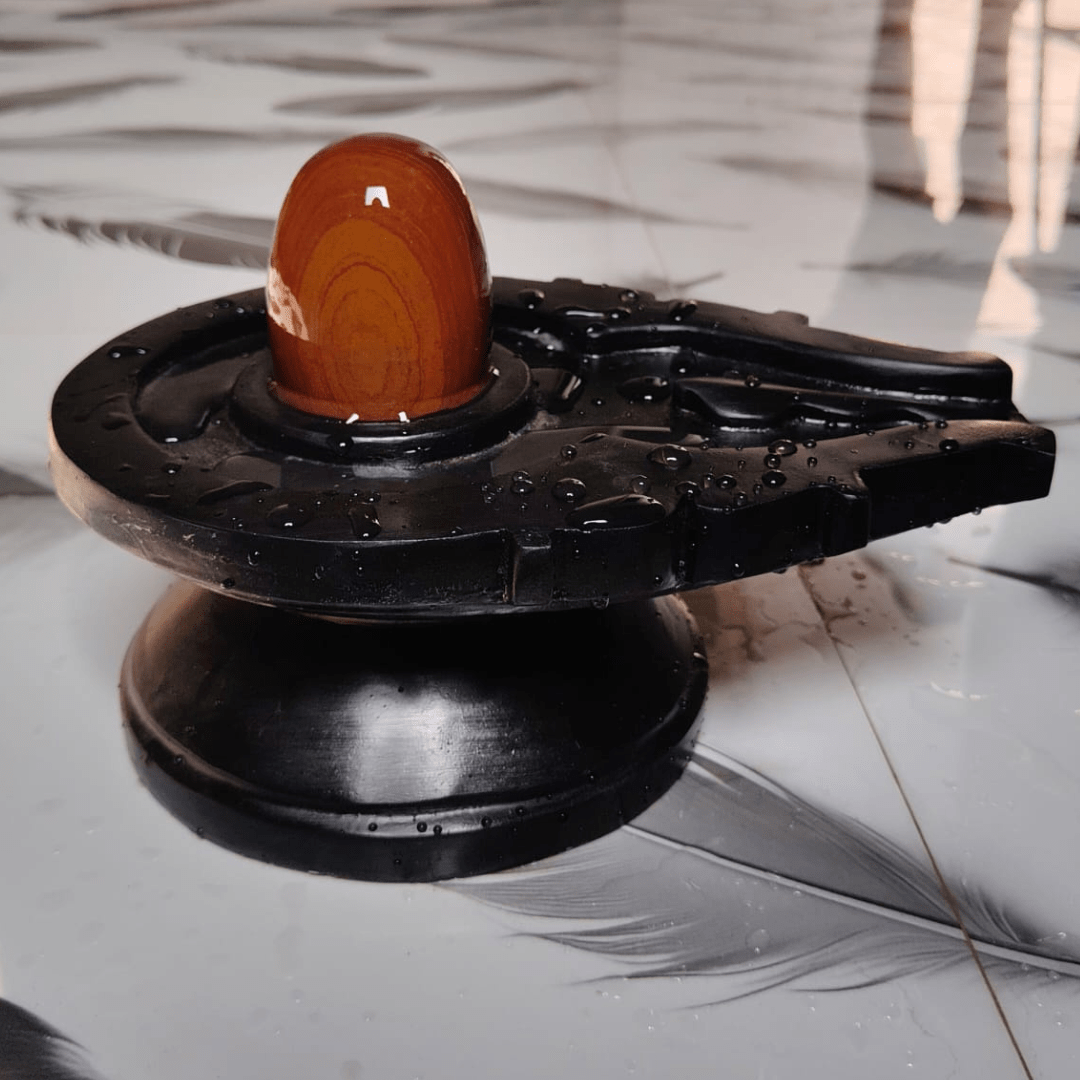 5” Premium Brown Narmadeshwar Shivling with 10” Black Jaladhari Base – Natural Circular Pattern Finish