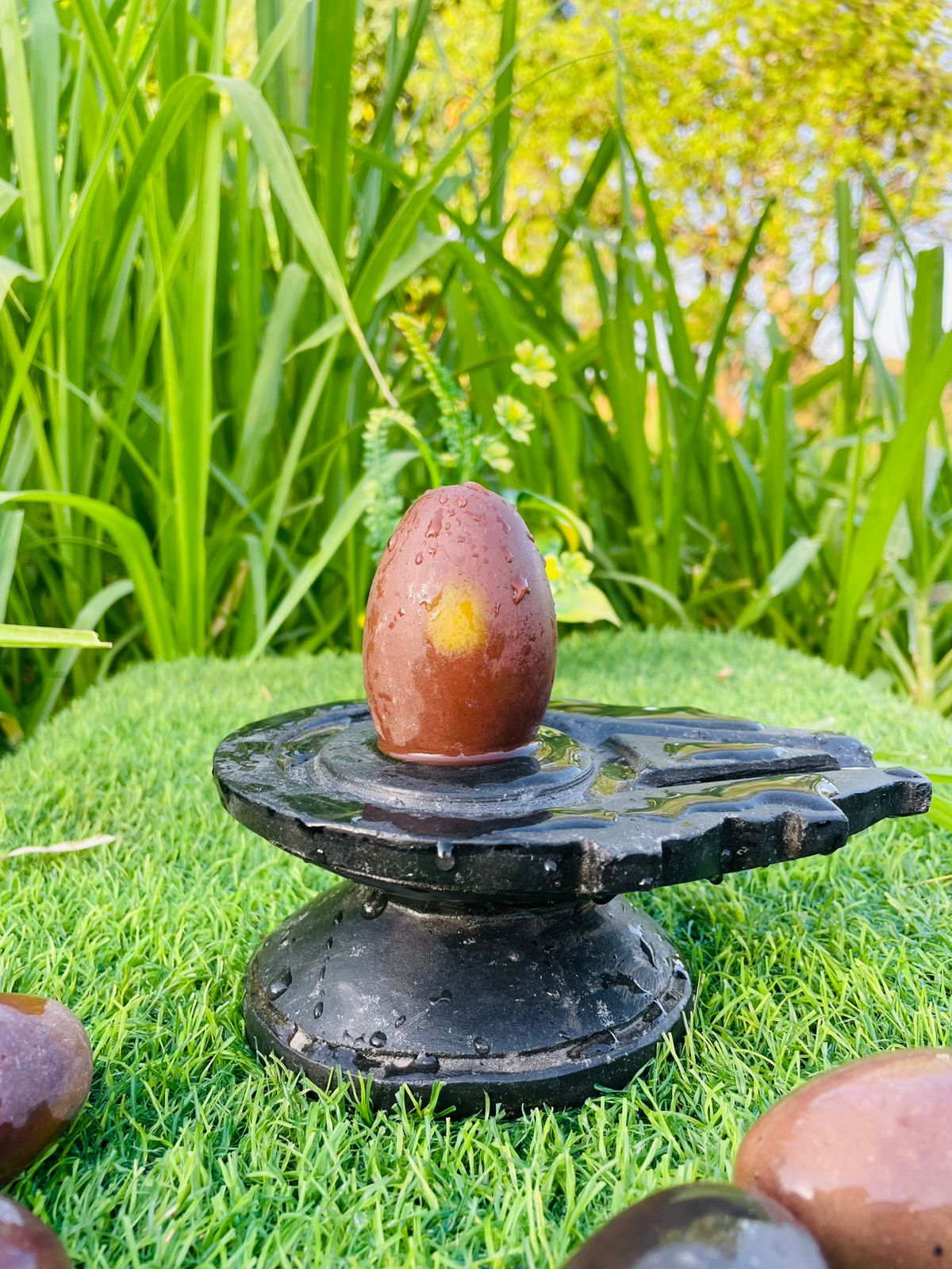 3 Inch Natural Green Narmadeshwar Shivling with 6 Inch Premium Jaladhari