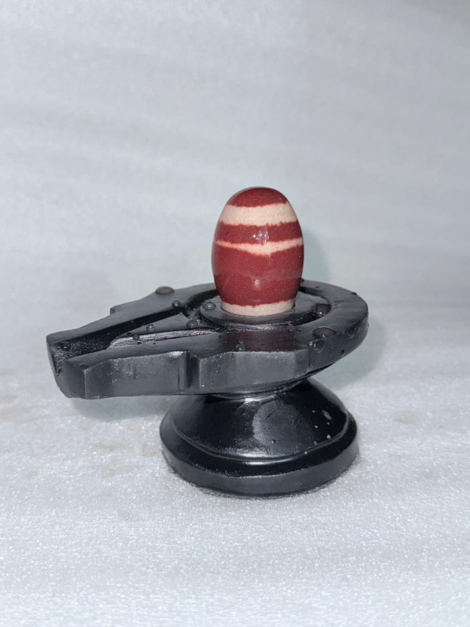 2” Designer Red & White Stripe Narmadeshwar Shivling with 4” Black Jaladhari Base – Premium Dual Tone Finish