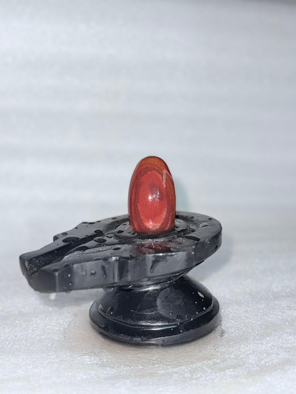 2” Designer Red Narmadeshwar Shivling with 4” Black Jaladhari Base – Premium Glossy Finish